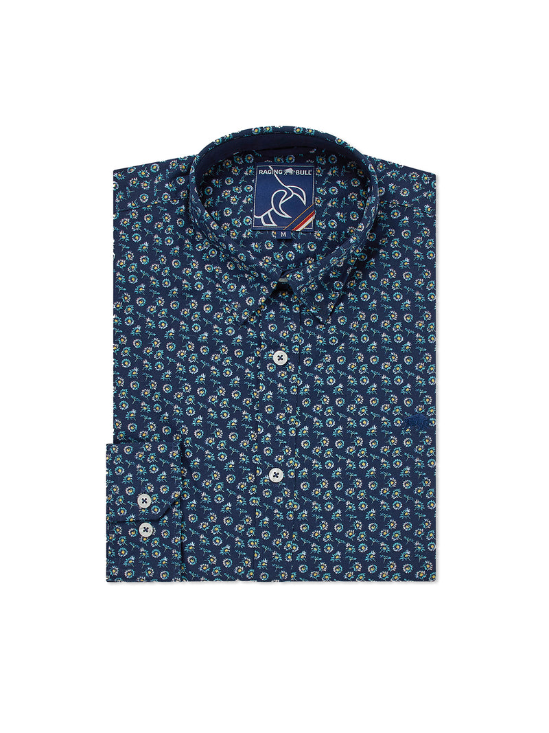 Long Sleeve Cotton Poplin Daisy Print Shirt - Navy
