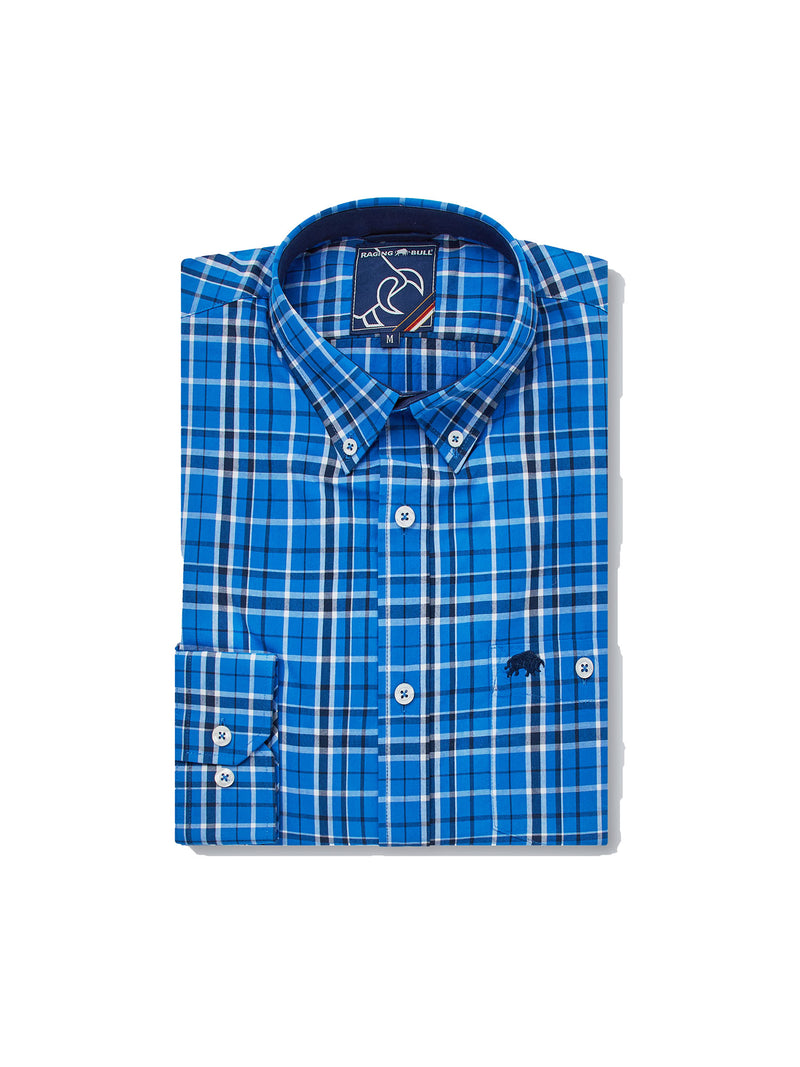 Long Sleeve Large Check Peached Poplin Shirt - Mid Blue