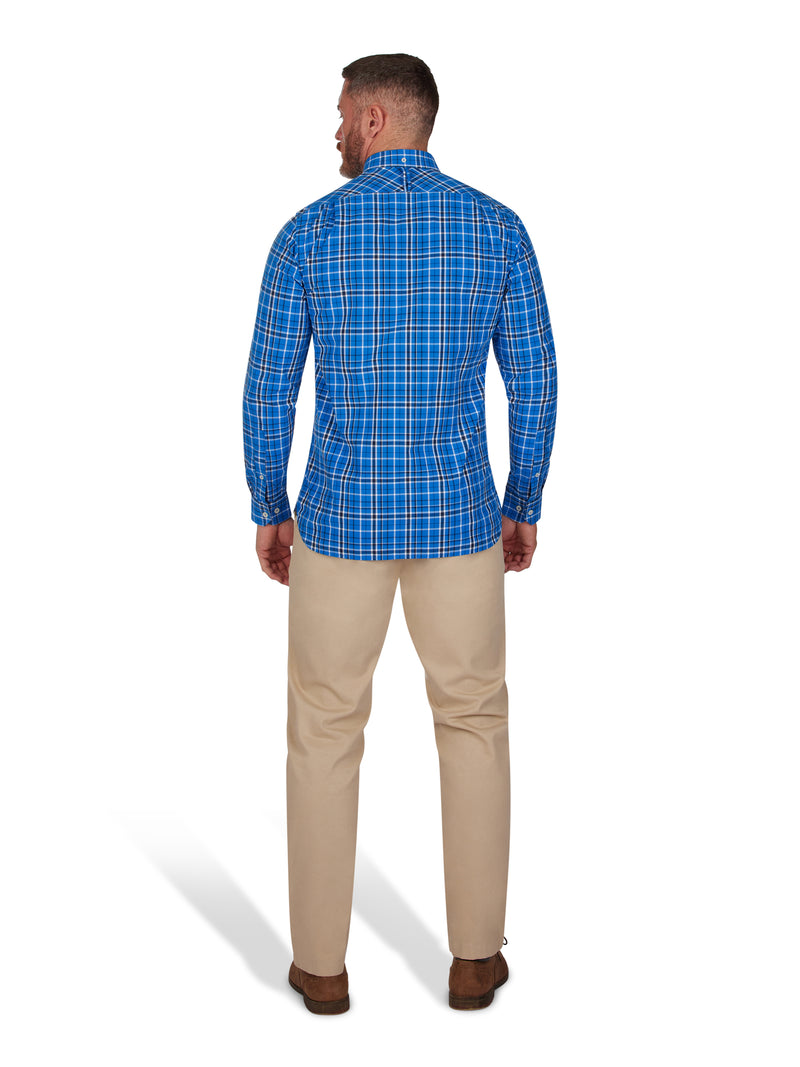 Long Sleeve Large Check Peached Poplin Shirt - Mid Blue