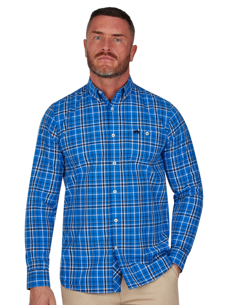 Long Sleeve Large Check Peached Poplin Shirt - Mid Blue