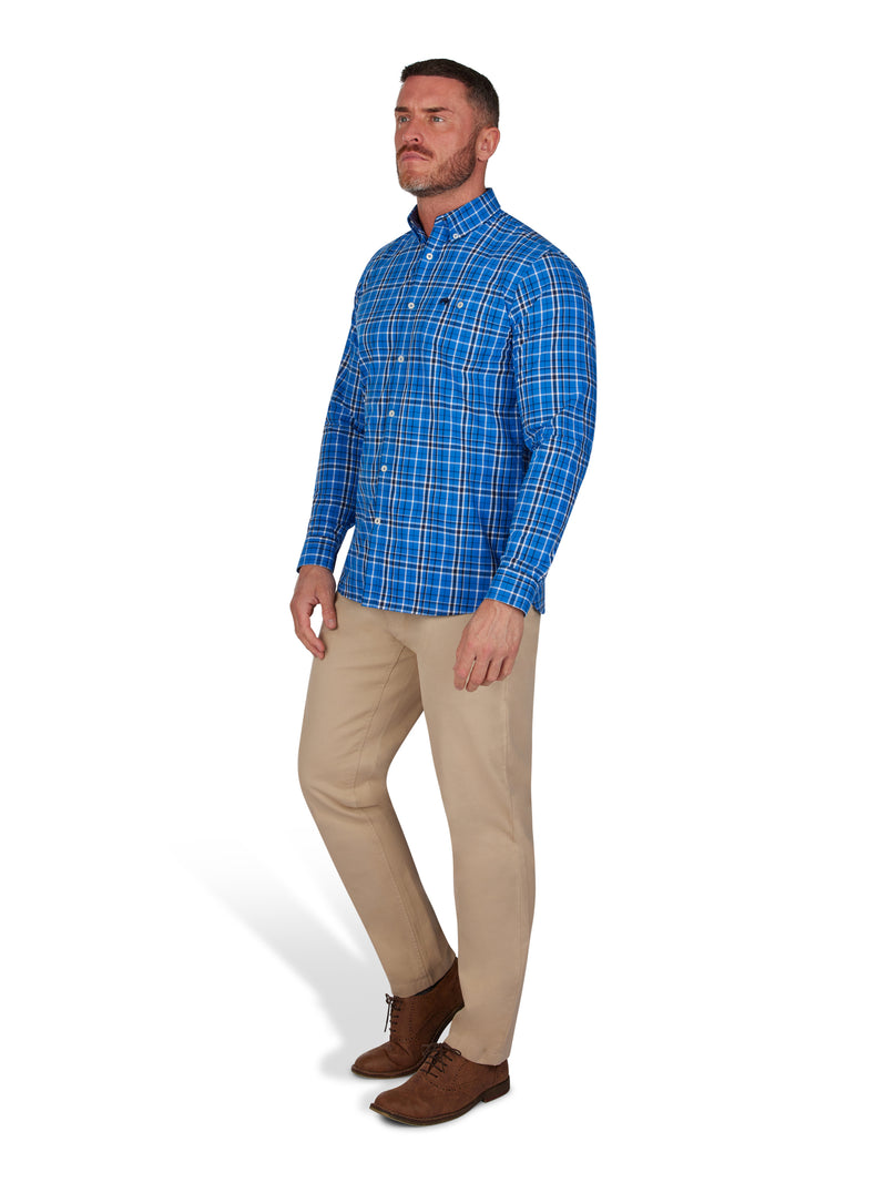Long Sleeve Large Check Peached Poplin Shirt - Mid Blue