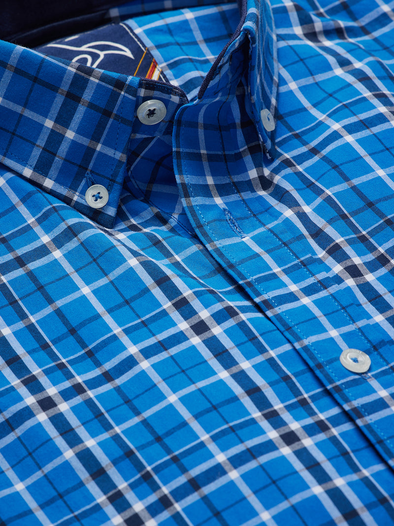 Long Sleeve Large Check Peached Poplin Shirt - Mid Blue