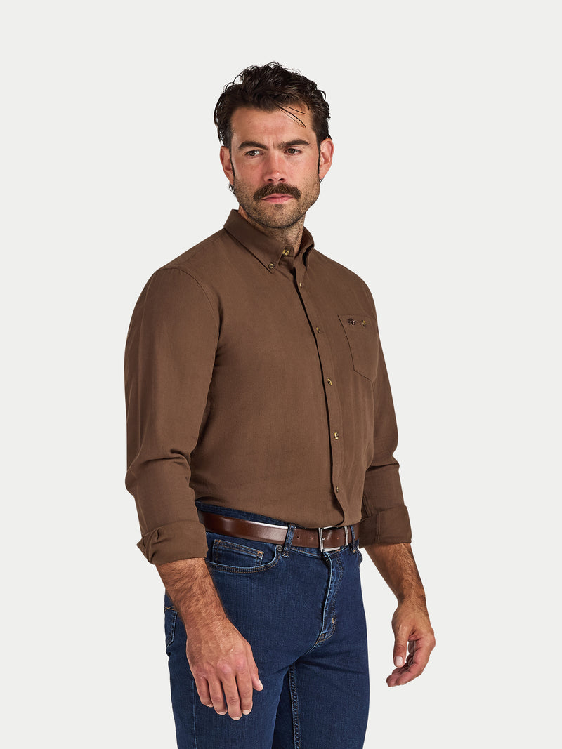 Long Sleeve Brushed Two Tone Bold Herringbone Shirt - Brown