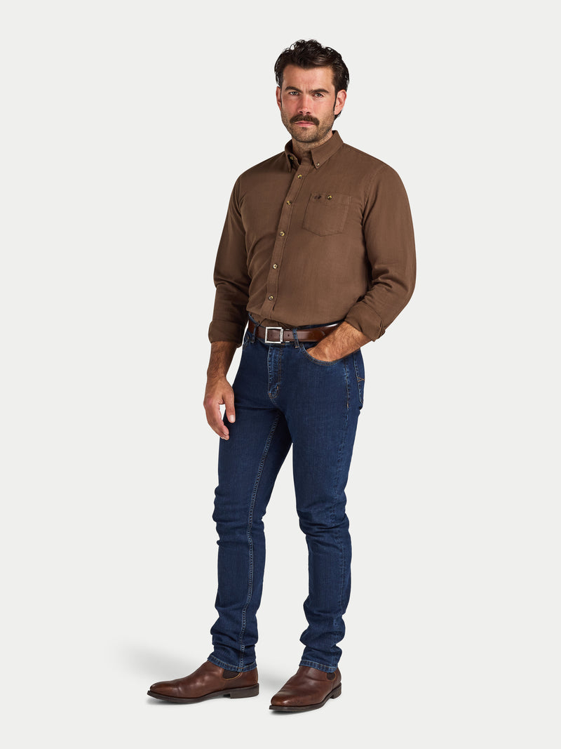 Long Sleeve Brushed Two Tone Bold Herringbone Shirt - Brown