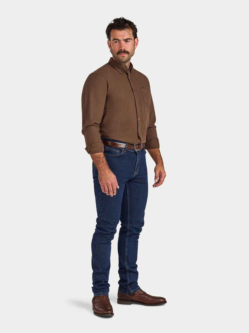 Long Sleeve Brushed Two Tone Bold Herringbone Shirt - Brown