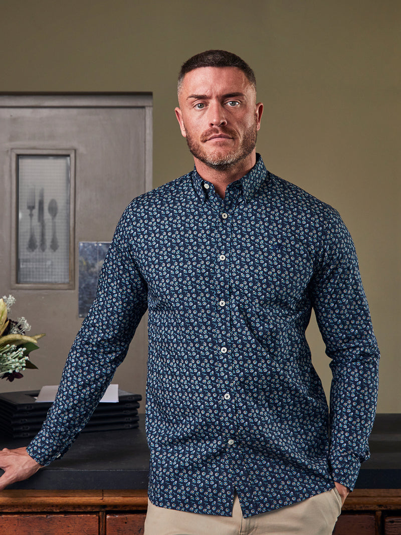 Long Sleeve Cotton Poplin Daisy Print Shirt - Navy