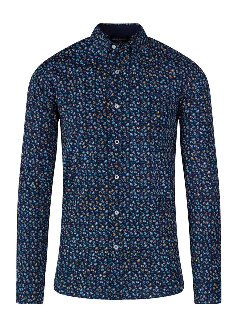 Long Sleeve Cotton Poplin Daisy Print Shirt - Navy