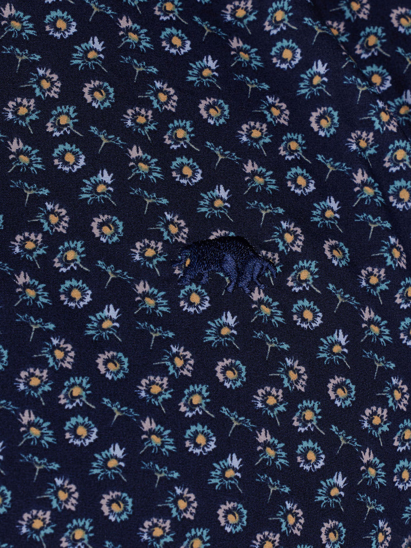 Long Sleeve Cotton Poplin Daisy Print Shirt - Navy