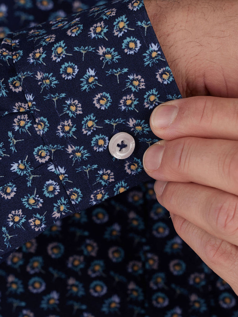 Long Sleeve Cotton Poplin Daisy Print Shirt - Navy