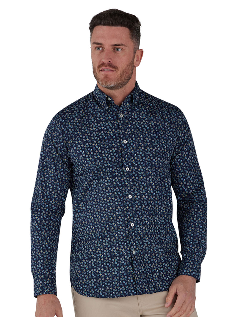 Long Sleeve Cotton Poplin Daisy Print Shirt - Navy