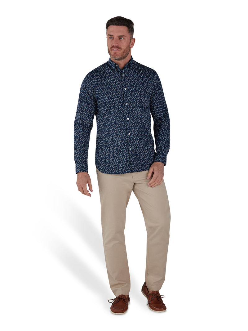 Long Sleeve Cotton Poplin Daisy Print Shirt - Navy