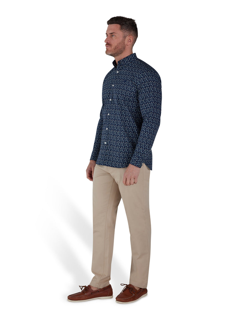 Long Sleeve Cotton Poplin Daisy Print Shirt - Navy