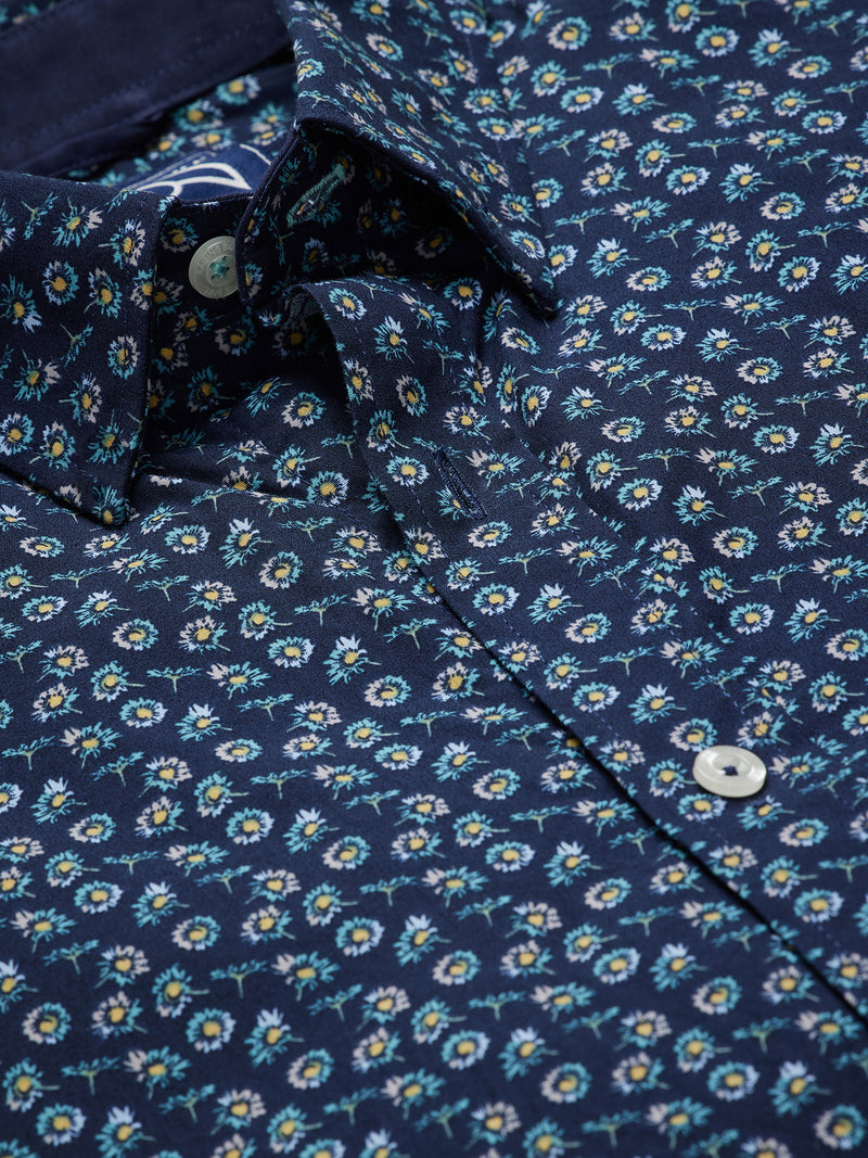 Long Sleeve Cotton Poplin Daisy Print Shirt - Navy