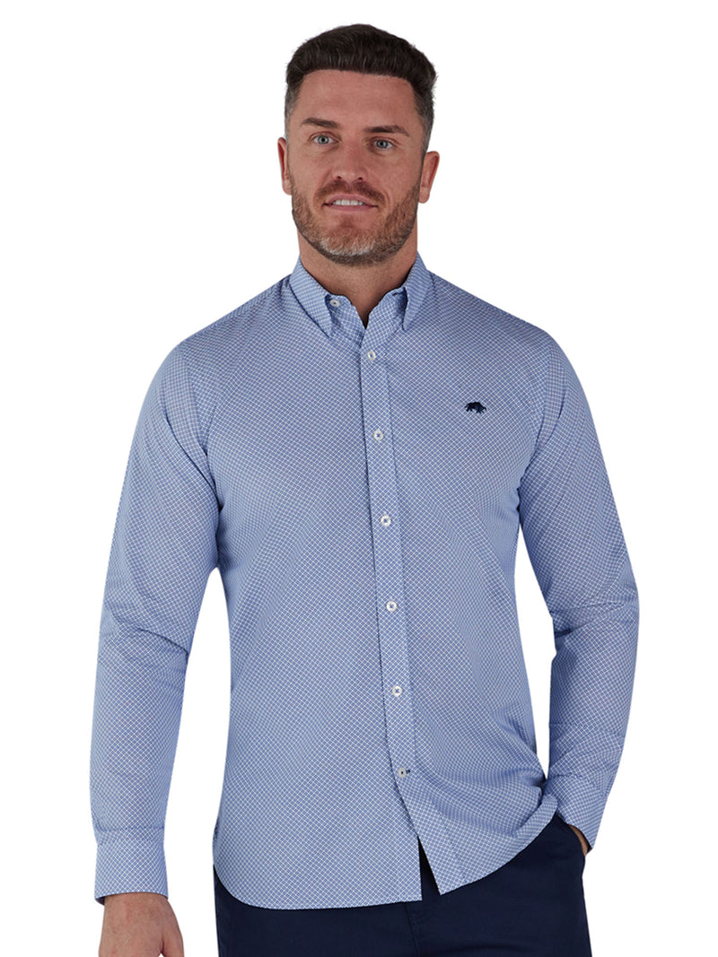 Long Sleeve Micro Geo Print Shirt - Mid Blue
