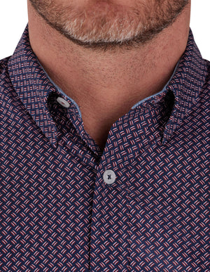 Long Sleeve Cotton Poplin Dash Geo Print Shirt - Red