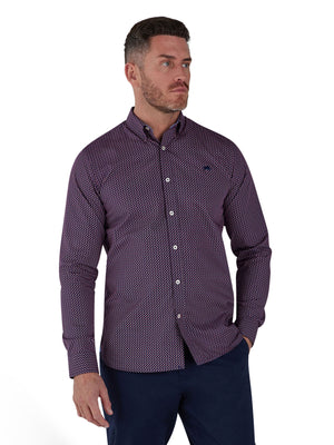 Long Sleeve Cotton Poplin Dash Geo Print Shirt - Red