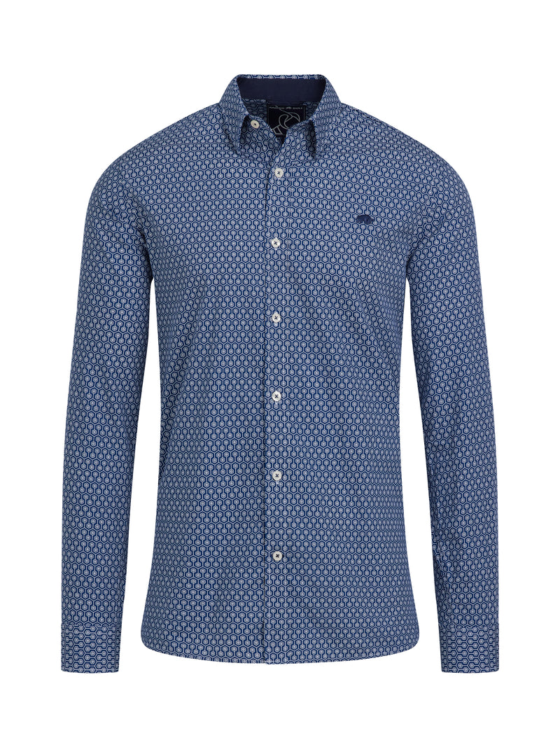 Long Sleeve Geometric Print Shirt - Navy