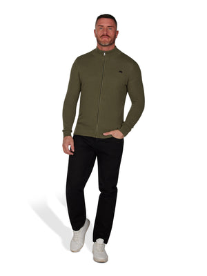 Pique Knit Zip Through Cardigan - Khaki
