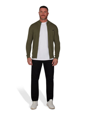 Pique Knit Zip Through Cardigan - Khaki