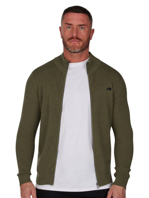 Pique Knit Zip Through Cardigan - Khaki
