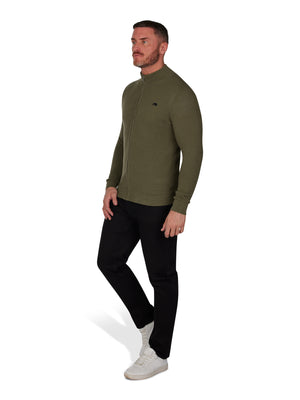 Pique Knit Zip Through Cardigan - Khaki