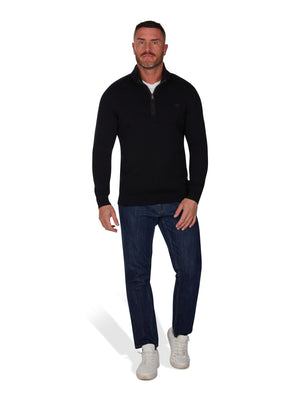 Woven Trim Quarter Zip Knit - Black