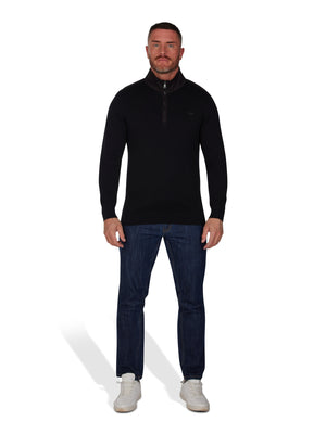 Woven Trim Quarter Zip Knit - Black