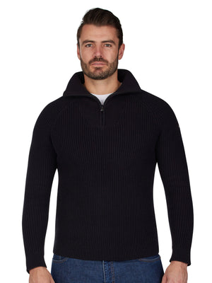 Long Sleeve Rib Texture Quarter Zip Knit - Black
