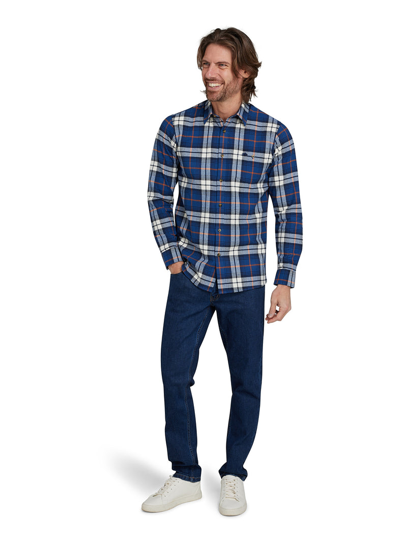 Long Sleeve Large Plaid Brushed Cotton Shirt - Navy