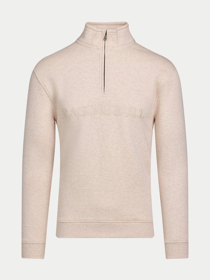 Tonal Embroidered Quarter Zip Sweat - Ecru Marl