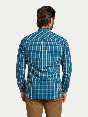Long Sleeve Linear Check Cotton Poplin Shirt - Petrol