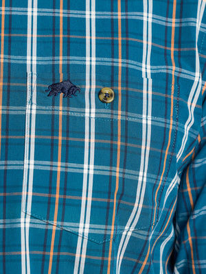 Long Sleeve Linear Check Cotton Poplin Shirt - Petrol