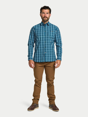 Long Sleeve Linear Check Cotton Poplin Shirt - Petrol