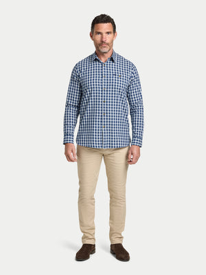 Long Sleeve Mod Check Brushed Cotton Twill Shirt - Navy