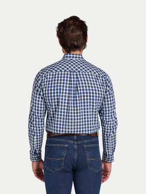 Long Sleeve Mod Check Brushed Cotton Twill Shirt - Navy