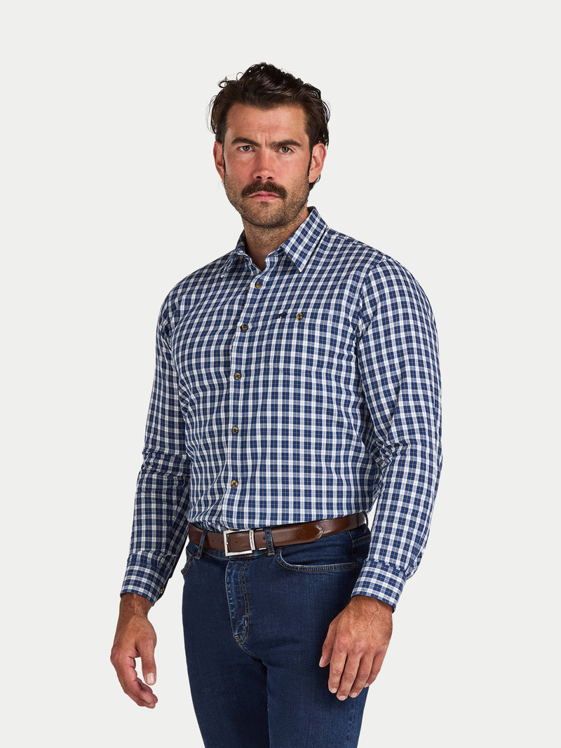 Long Sleeve Mod Check Brushed Cotton Twill Shirt - Navy