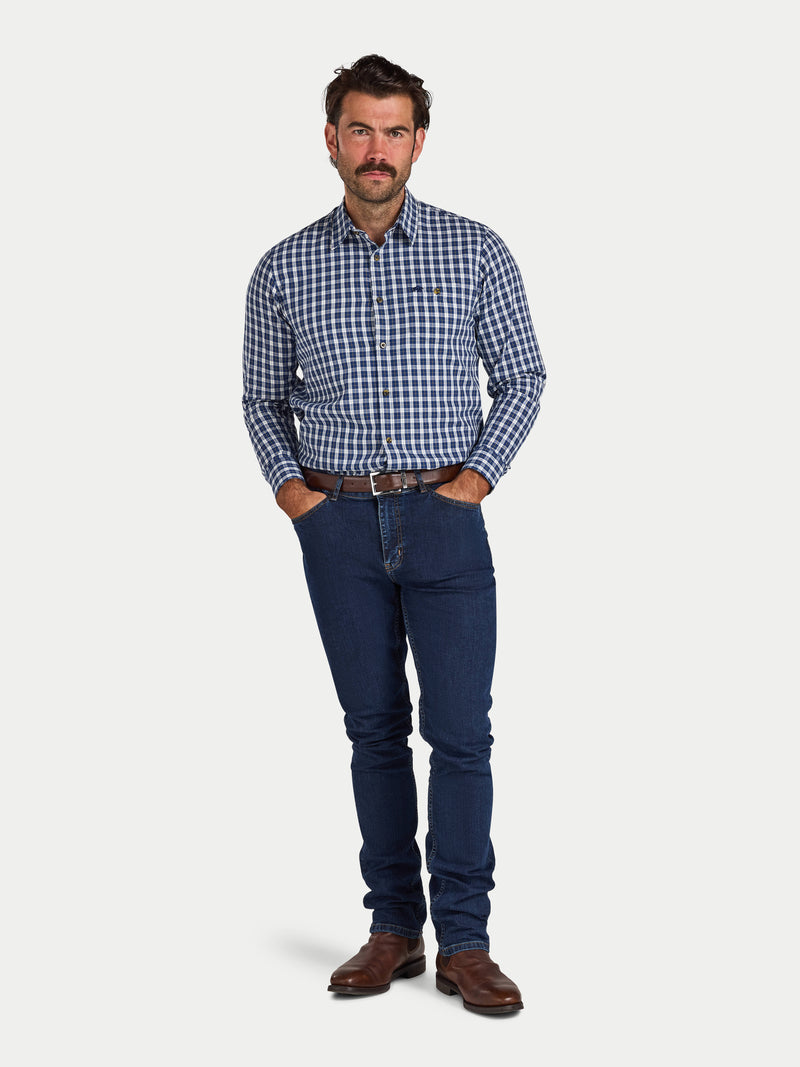 Long Sleeve Mod Check Brushed Cotton Twill Shirt - Navy