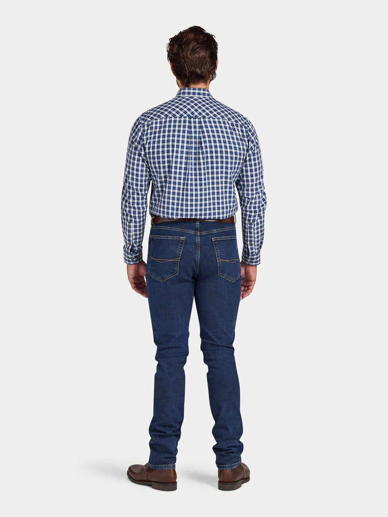 Long Sleeve Mod Check Brushed Cotton Twill Shirt - Navy