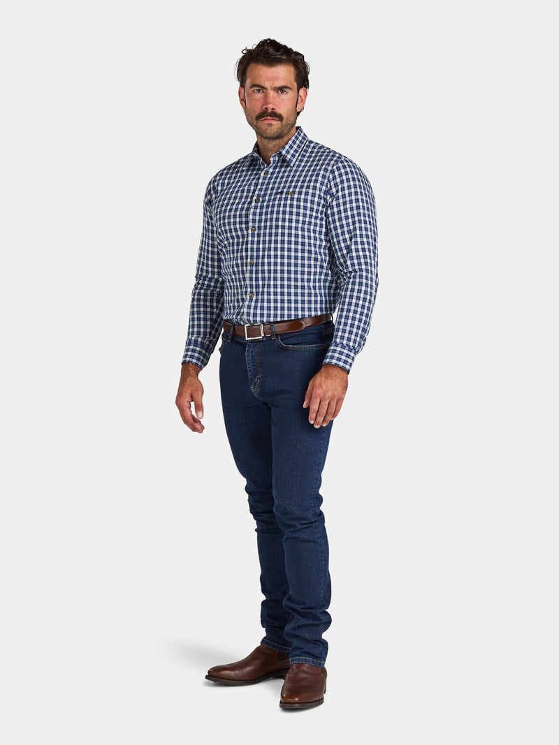 Long Sleeve Mod Check Brushed Cotton Twill Shirt - Navy