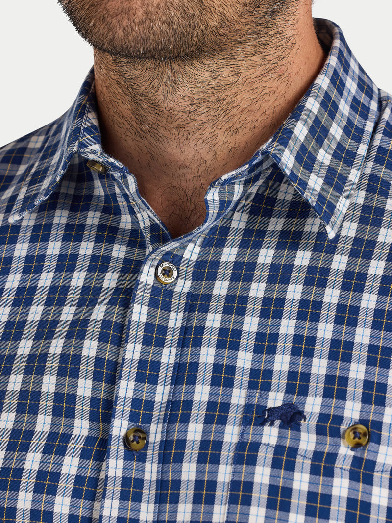 Long Sleeve Mod Check Brushed Cotton Twill Shirt - Navy
