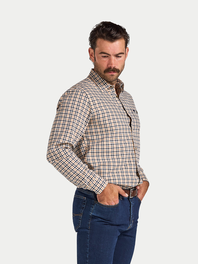 L/S Brookes Gingham Brushed Cotton Twill Shirt - Tan