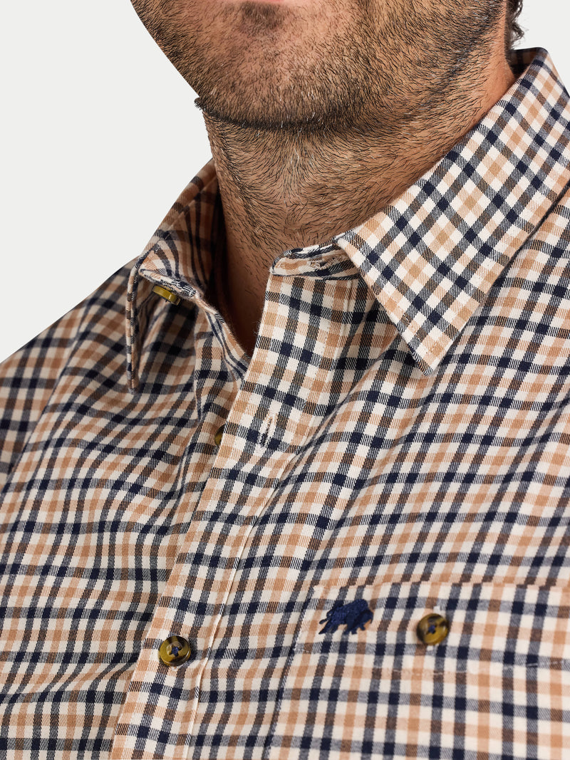 L/S Brookes Gingham Brushed Cotton Twill Shirt - Tan