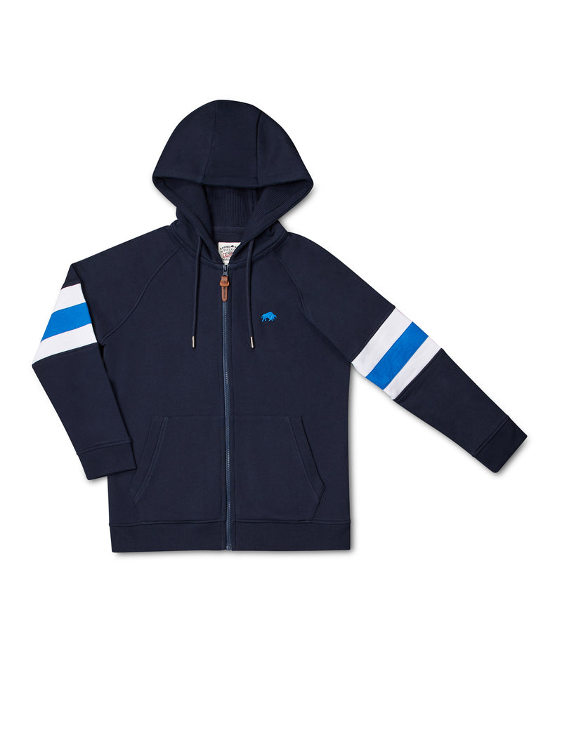 Stripe Sleeve Zip Through Hoodie - Navy