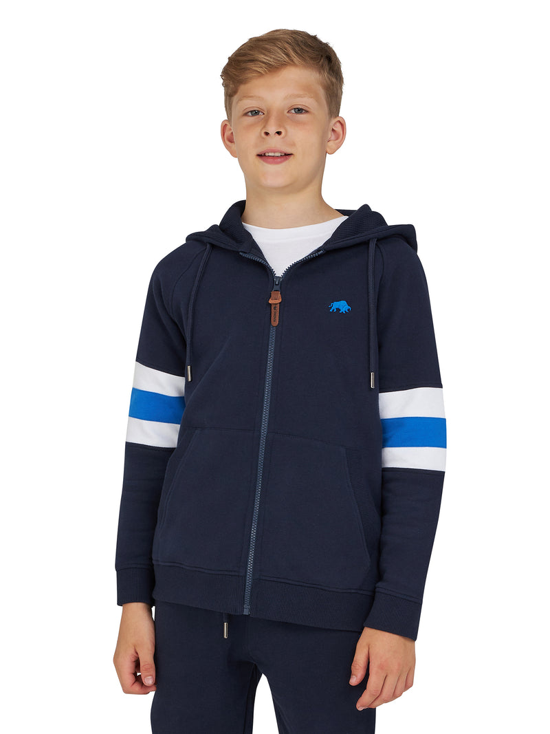 Stripe Sleeve Zip Through Hoodie - Navy