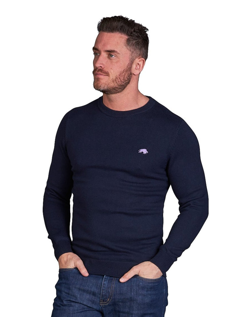 Knitted Cotton/Cashmere Crew Neck Jumper - Navy