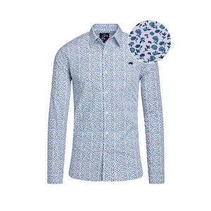 Long Sleeve Floral Print Cotton Poplin Shirt - Sky Blue