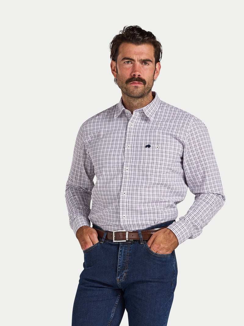 Long Sleeve Tattersall Brushed Cotton Shirt - White/Purple