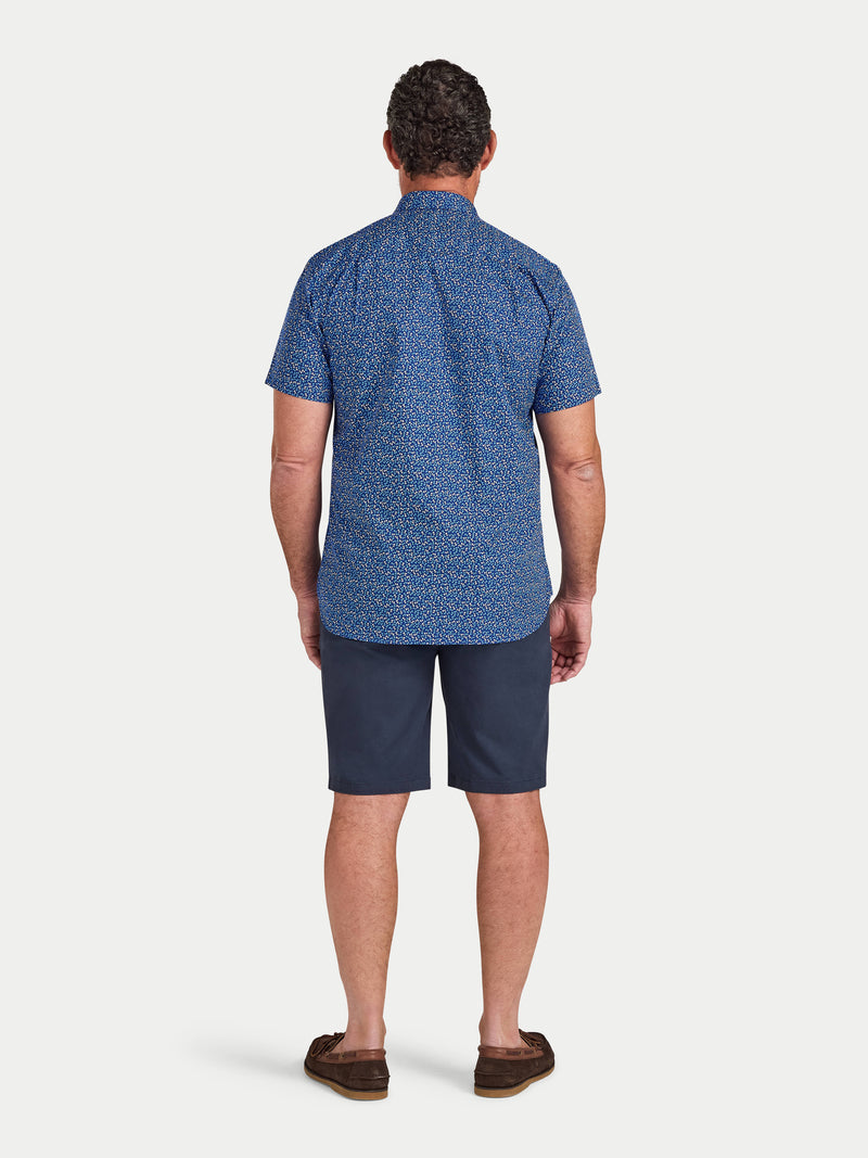 Short Sleeve Flower Bud Cotton Poplin Shirt - Navy