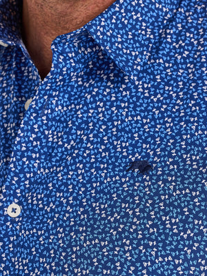 Short Sleeve Flower Bud Cotton Poplin Shirt - Navy