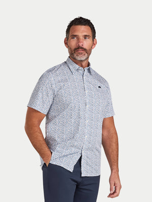 Short Sleeve Floral Cotton Poplin Shirt - Sky Blue on White